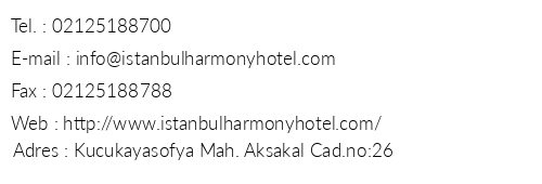 Harmony Hotel stanbul telefon numaralar, faks, e-mail, posta adresi ve iletiim bilgileri